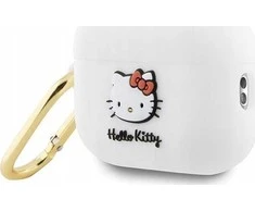 Hello Kitty HKA23DKHSH AirPods 1/2 dėklas, baltos spalvos, silikoninis, 3D Kitty galvutės dizainas
