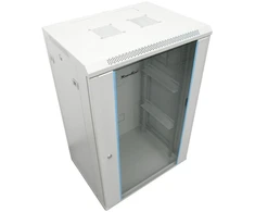XtendLan 19" sieninė spintelė 18U 600x600, keliamoji galia 60 kg, stiklinės dūmų durys, išskleistos, pilkos spalvos