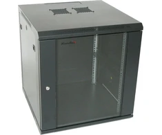 XtendLan 19" sieninė spinta 12U 600x600, keliamoji galia 60 kg, stiklinės durelės, išskleistos, juodos