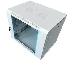 XtendLan 19" sieninė spinta 12U 600x450, keliamoji galia 60 kg, stiklinės durelės, išskleistos, pilkos spalvos