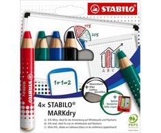 Stabilo Stabilo MARKdry kreidelės lentoms (+ drožtukas ir šluostė) 4 spalvos