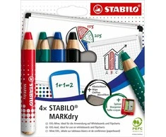 Stabilo Stabilo MARKdry kreidelės lentoms (+ drožtukas ir šluostė) 4 spalvos