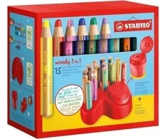 Stabilo Woody 3in1 kreidelės, 15 vnt. su indeliu