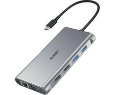 Aukey CB-C89 aliuminio šakotuvas USB-C | 10w1 | RJ45 Ethernet 10/100/1000Mbps | 4xUSB | HDMI 4k@30Hz | SD ir Micro SD | USB-C maitinimo tiekimas 100 W