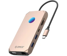 Orico USB-C 12w1 RGB | 3x USB-A 3.1 | 1x USB-A 2.0 | USB-C PD 100W | 1x USB-C 3.1 | 1x HDMI 1.4 4K 30Hz | 1x VGA | 1x Micro SD/SD 3.0 | 1x RJ Gigabit| 1x Audio - rožinė-auksinė