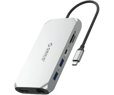 Orico USB-C 12w1 | USB-A 3.1 | USB-A 2.0 | USB-C PD 100W | 1x USB-C 3.1 | 2x HDMI 2.0 4K 60 Hz | 1x DP 1.4 4K 60 Hz | Micro SD/SD 3.0 | RJ45 Gigabit | 1x garso jungtis - sidabrinė