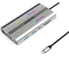 Orico USB-C 12w1 RGB | 3x USB-A | USB-C PD 100W | HDMI 4K | VGA | RJ45 Gigabit - sidabrinė