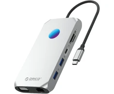 „Orico“ USB-C 12w1 RGB | 2x USB-A 3.1 | 1x USB-A 2.0 | USB-C PD 100W | 1x USB-C 3.1 | 2x HDMI 2.0 4K 60Hz | 1x VGA 1080p | 1x „Micro SD/SD 3.0“ | 1x RJ Gigabit | 1x Audio - pilka