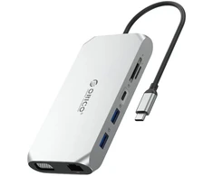 Orico USB-C 12w1 | USB-A 3.1 | USB-A 2.0 | USB-C PD 100W | 1x USB-C 3.1 | 2x HDMI 2.0 4K 60 Hz | 1x VGA 1080p | 1x Micro SD/SD 3.0 | 1x RJ45 Gigabit | 1x garso - sidabrinė