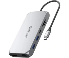 „Orico“ USB-C 12w1 | USB-A 3.1 | USB-A 2.0 | USB-C PD 100W | 1x USB-C 3.1 | 2x HDMI 2.0 4K 60 Hz | 1x DP 1.4 4K 60 Hz | „Micro SD/SD 3.0“ | RJ45 Gigabit | 1x garso jungtis - pilka
