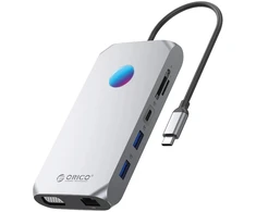 „Orico“ USB-C 12w1 RGB | 3x USB-A 3.1 | 1x USB-A 2.0 | USB-C PD 100W | 1x USB-C 3.1 | 1x HDMI 1.4 4K 30Hz | 1x VGA 1080p | 1x „Micro SD/SD 3.0“ | 1x RJ Gigabit | 1x Garso jungtis - pilka