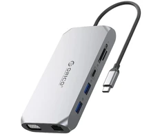 „Orico“ USB-C 12w1 | 3x USB-A 3.1 | 1x USB-A 2.0 | USB-C PD 100W | 1x USB-C 3.1 | 1x HDMI 1.4 4K 30 Hz | 1x VGA | 1x „Micro SD/SD 3.0“ | 1x RJ45 Gigabit | 1x garso jungtis - pilka