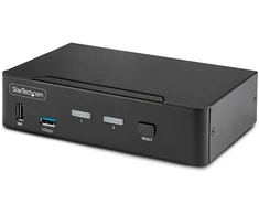Šakotuvas StarTech.com 2 prievadų „DisplayPort KVM“ jungiklis, 8K 60Hz / 4K 144Hz, vienas ekranas, DP 1.4, 2 USB 3.0 prievadai, 4 USB 2.0 HID prievadai, mygtukų ir karštųjų klavišų perjungimas, suderinamas su TAA – nepriklausomas nuo OS, metalinis korpusas (D86A2-2-PORT-8K-KVM) – KVM / garso / USB jungiklis