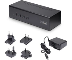 StarTech.com 4 prievadų dviejų monitorių „DisplayPort KVM“ jungiklis, 4K 60Hz, 2x USB 5Gbps šakotuvo prievadai, 2x USB 2.0 HID prievadai, karštųjų klavišų ir mygtukų perjungimas, atitinkantis TAA reikalavimus - 3,5 mm garsas, HDCP (P4DD46A2-KVM-SWITCH) - KVM / garso jungiklis - 4 x KVM / garsas / USB - 1 prievadas