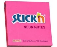 Stickn Lipnūs lapeliai Stick´N 21165, 76x76mm, 100 lapelių,neoninės rožinės spalvos
