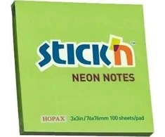Stickn Lipnūs lapeliai Stick´N 21167, 76x76mm, 100 lapelių, neoninės žalios spalvos