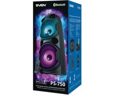 SVEN PS-750 2x40W; LED ekranai; TWS; FM radijas; AUX; USB/SD kortelės palaikymas;Apšvietimas; Mikrofono įvestis (karaoke); Nuotolinio valdymo pultas; Integruotas ekvalaizeris