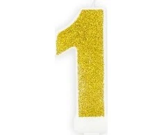 PartyDeco Gimtadienio žvakutė nr 1 auksinė blizganti 7cm