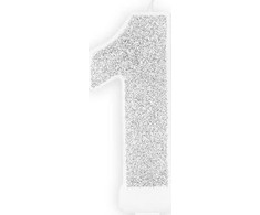 PartyDeco Gimtadienio žvakutė nr 1 sidabrinė blizganti 7cm