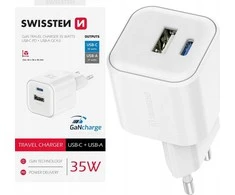 Swissten kelioninis įkroviklis GaN USB-C 35W PD / USB-A 27W QC
