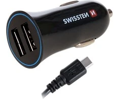 Automobilių įkroviklis 2.4a 2x USB + USB-C Swissten Cable
