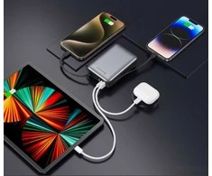„Swissten“ išorinė baterija 20000 mAh su integruotais USB-C ir „Lightning“ laidais