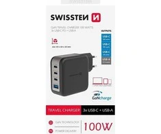 „Swissten“ kelioninis įkroviklis GaN 3x USB-C PD 100W / USB-A 18W QC