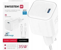 „Swissten“ kelioninis įkroviklis GaN USB-C 35 W PD + duomenų kabelis USB-C – „Lightning“ 1,2 m
