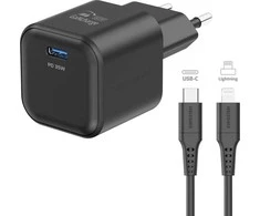 „Swissten“ kelioninis įkroviklis GaN USB-C 35 W PD + duomenų kabelis USB-C – „Lightning“ 1,2 m