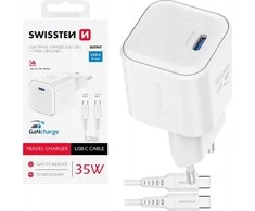 „Swissten“ kelioninis įkroviklis GaN USB-C 35 W PD + duomenų kabelis USB-C - USB-C 1,2 m
