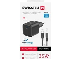 „Swissten“ kelioninis įkroviklis GaN USB-C 35 W PD + duomenų kabelis USB-C – „Lightning“ 1,2 m