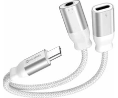 SWISSTEN TEXTILE Įkrovimo garso adapteris USB-C (M) - USB-C (F) - 3,5 mm lizdas, 0,12 m baltas
