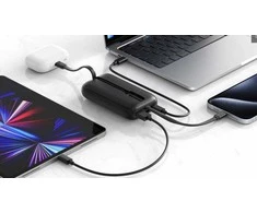 „Swissten Voltbox“ 35 W išorinė baterija, 10000 mAh, su integruotais USB-C ir „Lightning“ laidais