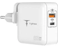 Tinklo įkroviklis T-PHOX MEGA T-PP09 GAN PD 65W USB/USB-C baltos spalvos