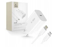 Baseus „Tech-Protect NC20W“ sieninis įkroviklis su 100 cm USB-C / „Lightning“ laidu - Baltas