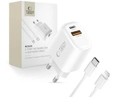 Tech-Protect NCA20 PD 20W QC3.0 USB-A / USB-C sieninis įkroviklis + USB-C / Lightning laidas 100 cm - Baltas