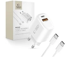 Tech-Protect NCA30 PD 30W QC3.0 USB-A / USB-C sieninis įkroviklis + USB-C / USB-C laidas 100 cm - Baltas