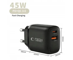 Tech-Protect NCA45W-GAN 2-Port laidinis įkroviklis PD 45W / QC3.0 + Type-C kabelis juodos spalvos