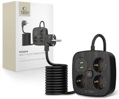 „Tech-Protect PCS3X4“ maitinimo lizdas, 3 lizdai, 2xUSB-A, 2xUSB-C, 200 cm - juodas