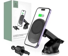 Magnetinis automobilinis laikiklis MagSafe su 15W indukciniu prietaisų skydelio / ventiliacijos grotelių įkrovimu Teleskopinė rankena Tech-Protect mm15W-V1 juodos spalvos