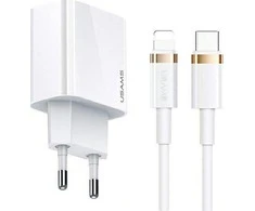USAMS Tinklo įkroviklis 1xUSB-C T34 20W 5V-3A PD3.0 + kabelis U63 USB-C lightning 20W baltos spalvos (T49) T49OCLN01