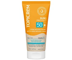 „Topicrem Sun Protect“ drėkinamosios ir apsauginės putos veidui ir kūnui prieš buvimą saulėje SPF 50, 50 ml