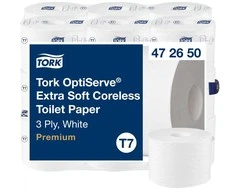 Tork „Optiserve“ – ypač minkštas tualetinio popieriaus ritinėlis be šerdies, T7, aukščiausios kokybės, 3 sluoksnių, 18 550 lapų – baltas