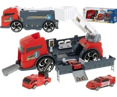 Transporterio sunkvežimis TIR 2in1 automobilių stovėjimo aikštelė, gaisrinė + 3 automobiliai raudona