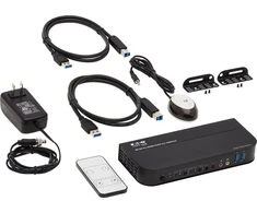 „Tripp Lite Eaton“ KVM komutatorius „Eaton Tripp Lite“ serija HDMI KVM, 2 prievadų 4K 60Hz 4:4:4, HDR, HDCP 2.2 palaikymas, IR nuotolinio valdymo pultas ir USB kabeliai - KVM/garso/USB komutatorius - 2 x KVM/garso/USB - 1 vietinis vartotojas - darbalaukio versija