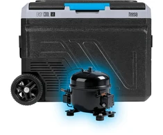 Profesjonalna Profesionalus TEESA kompresorinis kelioninis šaldytuvas su šaldymo funkcija, 50 l DC12/24 AC 230V, dideli ratukai ir tvirta rankena, „Bluetooth“, maitinimas baterijomis.