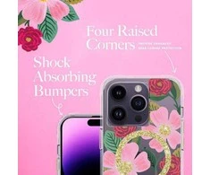 Rifle Paper Šautuvų popierius Skaidrus MagSafe – aukso spalvos dėklas skirtas iPhone 14 Pro (Rose Garden)