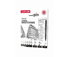 UNIBALL Uni Pin Urban Sketching Box - Dovanų rinkinys su pratimais (sudėtyje 8x uni pin + 1 pieštukas 0,5 mm)