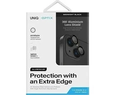 UNIQ Optix aliuminio kameros objektyvo apsauga Apple iPhone 15 6.1" /15 Plus 6.7" vidurnakčio juodas stiklinis skirtukas abu