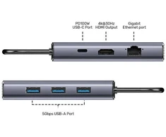 UNITEK HUB USB-C 6IN1 USB-A 5GBPS PD100W HDMI RJ45